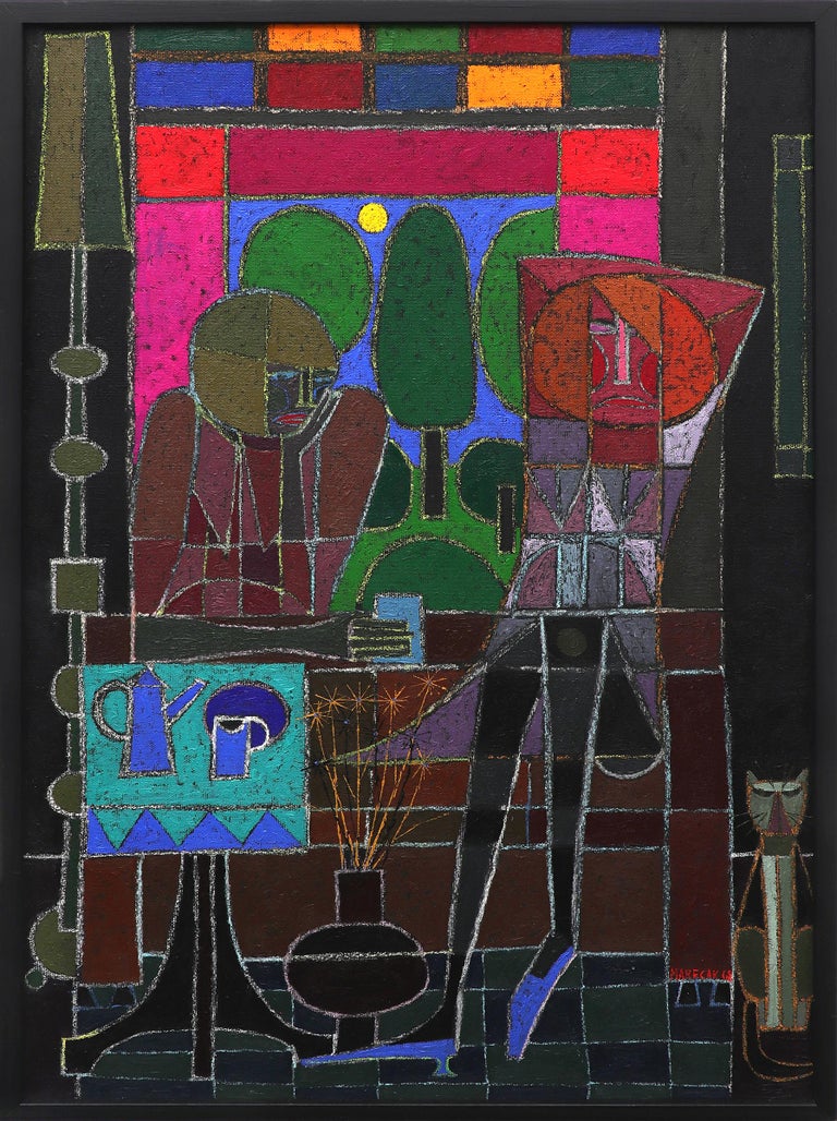 Edward Marecak The Argument, 1960s Vintage SemiAbstract Oil Painting