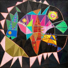 The Big Fish Eats The Little Fish, 1970s Abstracted Fish Framed Oil Painting