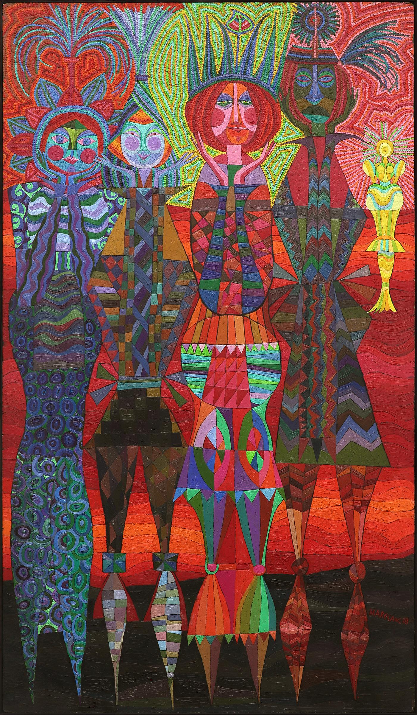 The Committee, 1970s Vibrant Semi-Abstract Mythological Figural Oil Painting
