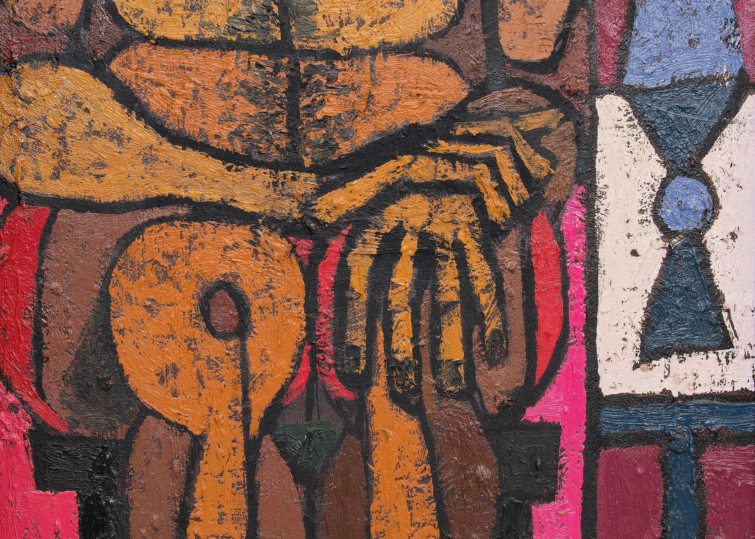 Triptyque encadré figuratif abstrait « La danse de Salomé », peintures à l'huile des années 1960 - Marron Abstract Painting par Edward Marecak