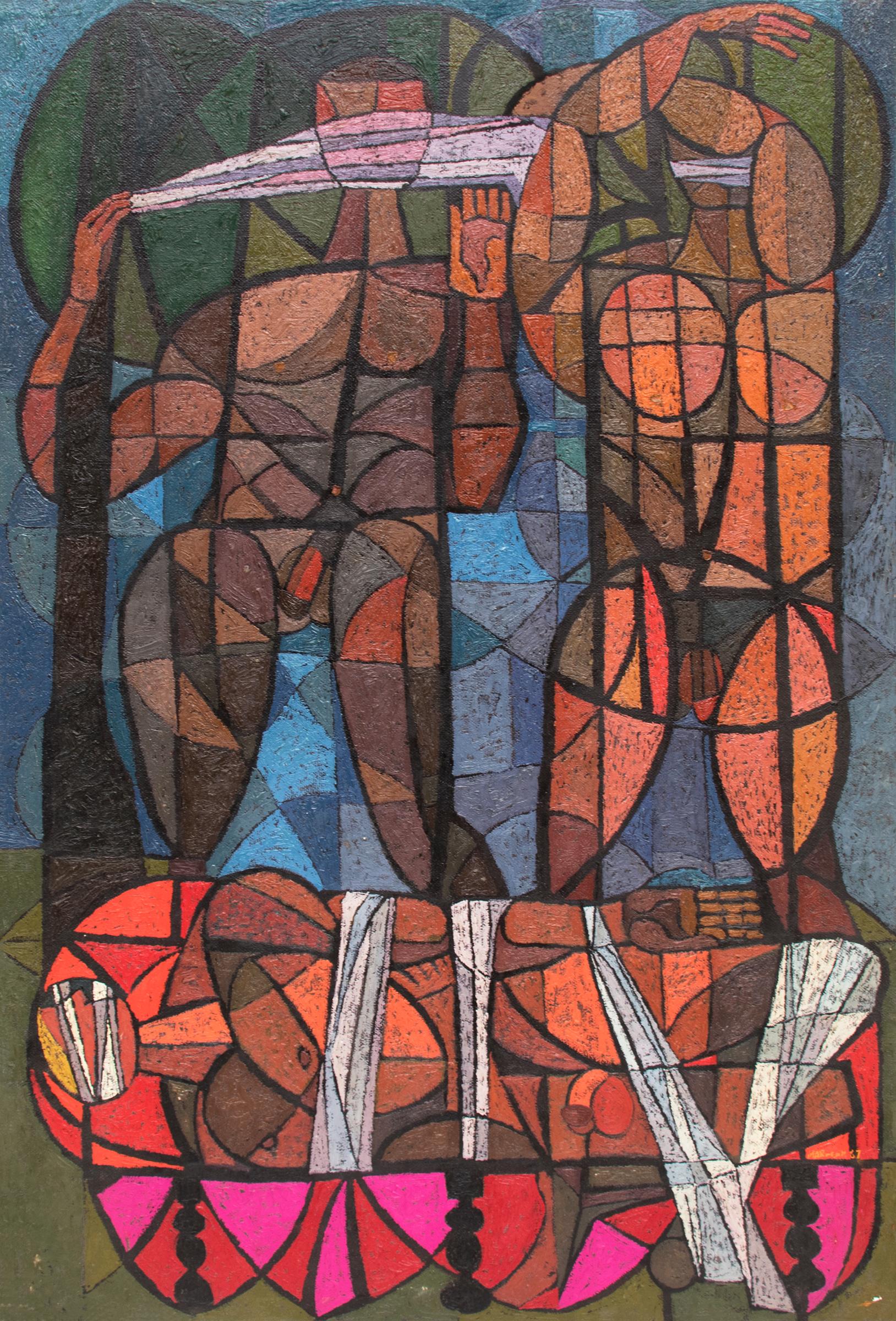 Edward Marecak Nude Painting - The Death of Gilgamesh (Abstract/Cubist Style Painting with Male Nude Figures)