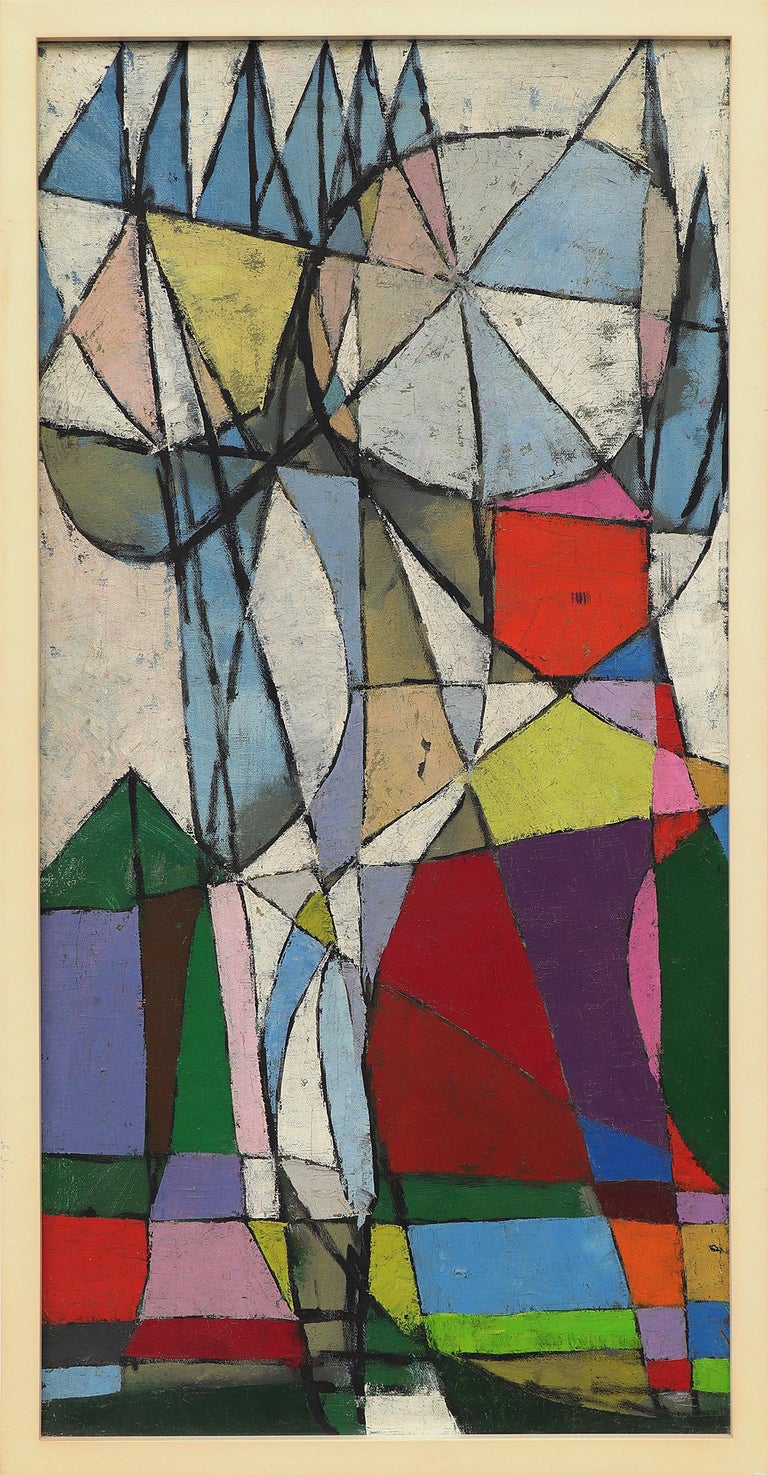 Oil on canvas painting titled "The Disc" by Denver artist Edward Marecak (1919-1993) from 1950. Abstract geometric painting in colors of white, green, blue, purples. Presented in a custom frame, outer dimensions measure 32 ¼ x 16 ⅜ x 1 ⅝ inches.