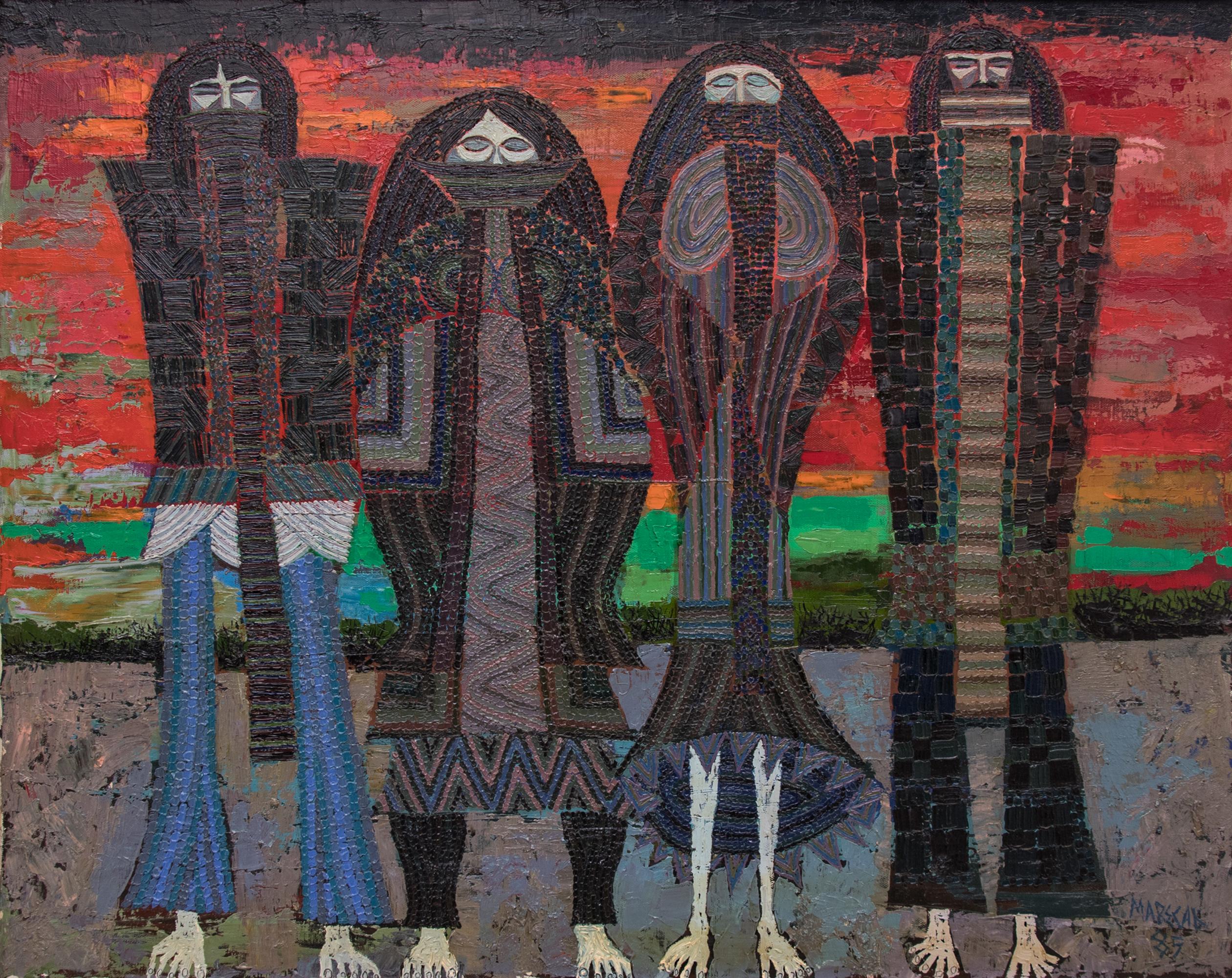 The Four Winter Months by Edward Marecak, 1985 Denver Modernist Oil Painting