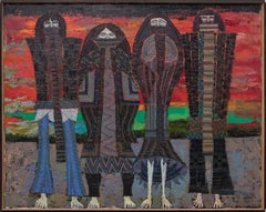 Los cuatro meses de invierno Figura semiabstracta Pintura al óleo en rojo, negro y naranja