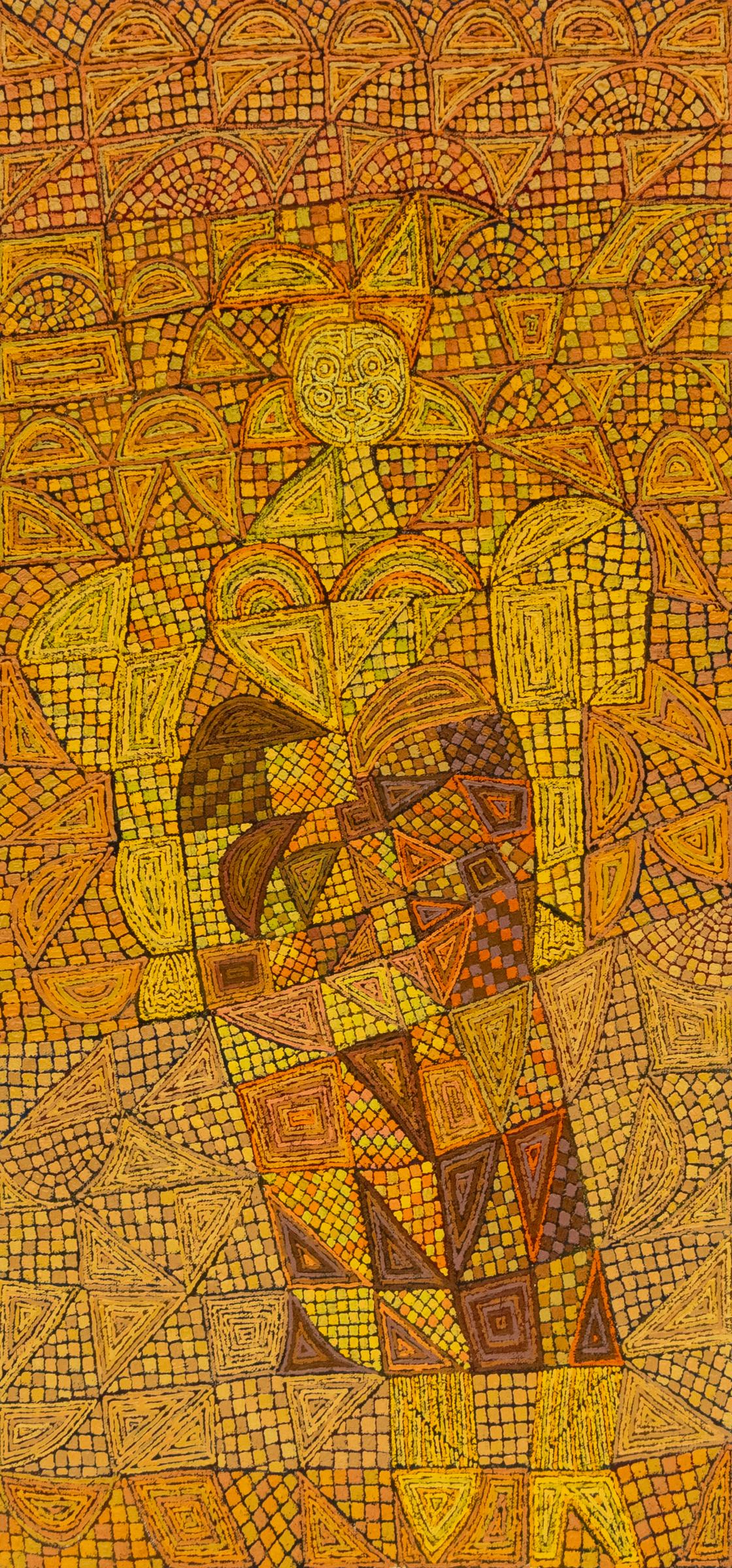 "The Gold Witch" est une peinture à l'huile originale semi-abstraite de l'artiste de Denver Edward Marecak, datant du milieu du XXe siècle. La composition présente une figure féminine abstraite, rendue dans une palette riche et terreuse de tons