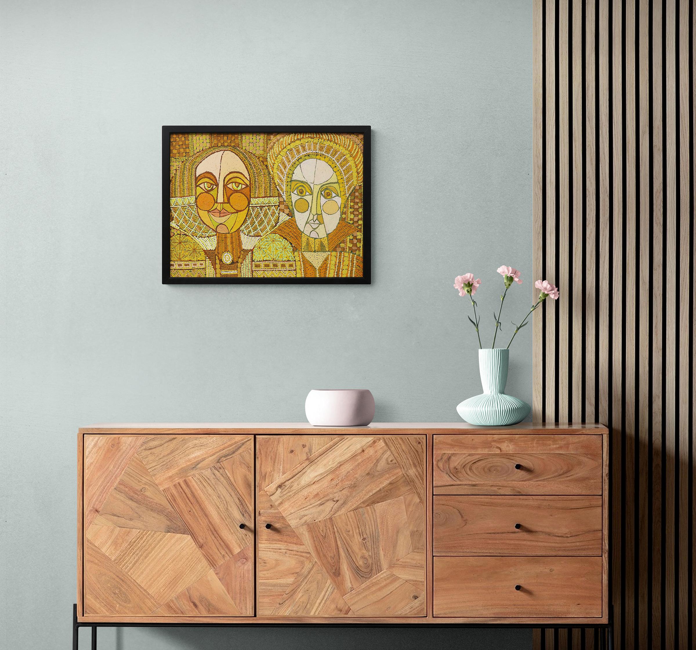 The Golden Queens is an oil painting on board by Denver artist, Edward Marecak from 1972. Two abstracted figures in a byzantine mosaic style in colors of gold, yellow, and white. Presented in a custom black frame, outer dimensions measure 19 ¼ x 25
