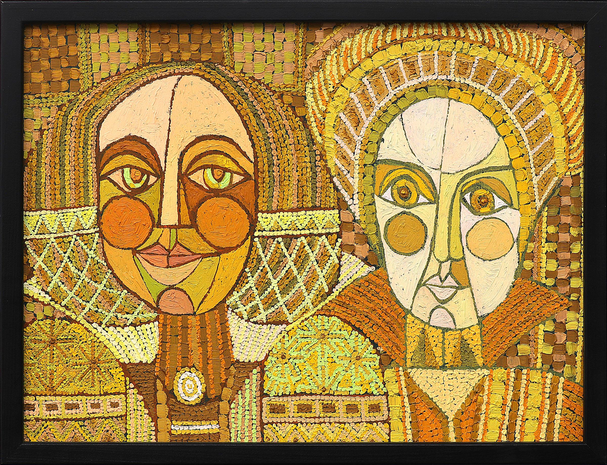 The Golden Queens, 1970s Abstract Figurative Painting Oil Painting, Yellow Gold