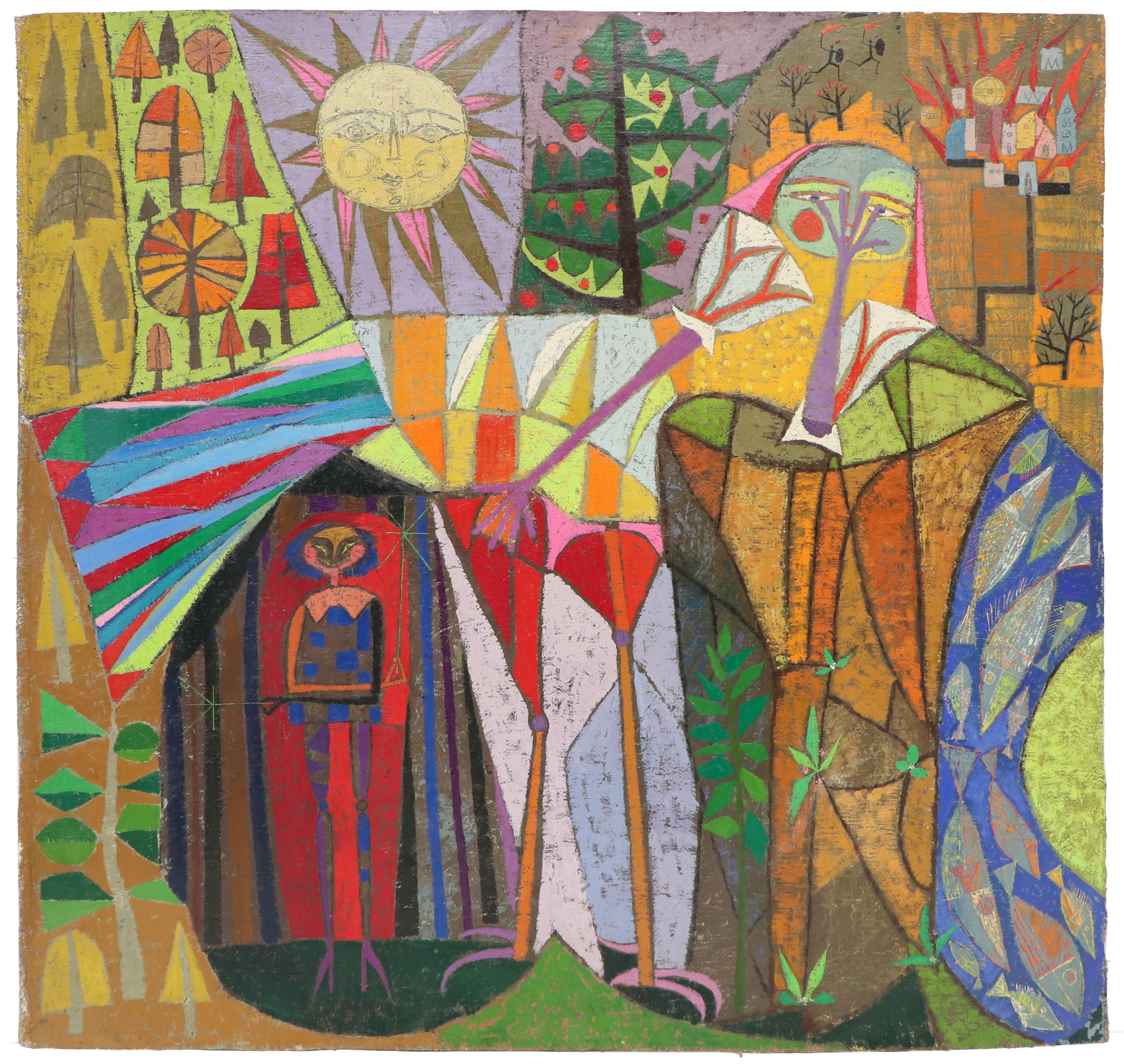The Phoenix – 1960s Mid-Century Abstract Art with Figures, Trees & Sun - Painting by Edward Marecak