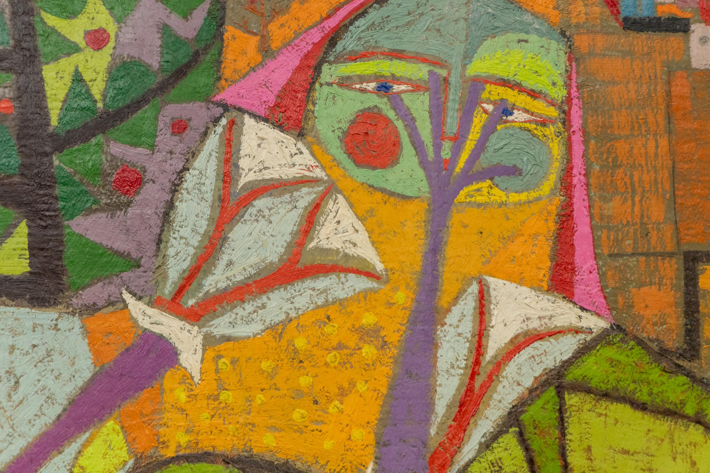The Phoenix – 1960s Mid-Century Abstract Art with Figures, Trees & Sun - Abstract Impressionist Painting by Edward Marecak