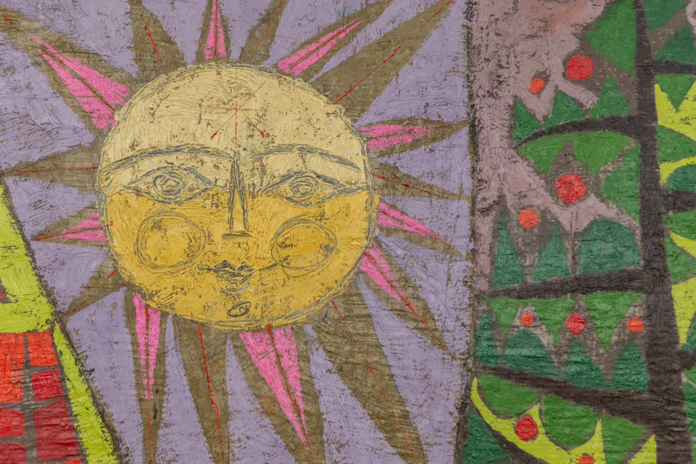 The Phoenix – 1960s Mid-Century Abstract Art with Figures, Trees & Sun - Brown Figurative Painting by Edward Marecak