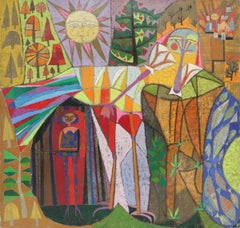 The Phoenix – 1960s Mid-Century Abstract Art with Figures, Trees & Sun