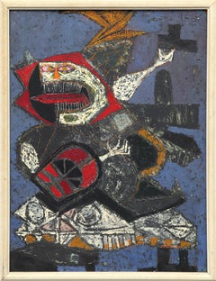 Il Samurai, pittura ad olio figurativa semi-astratta in blu, giallo e rosso