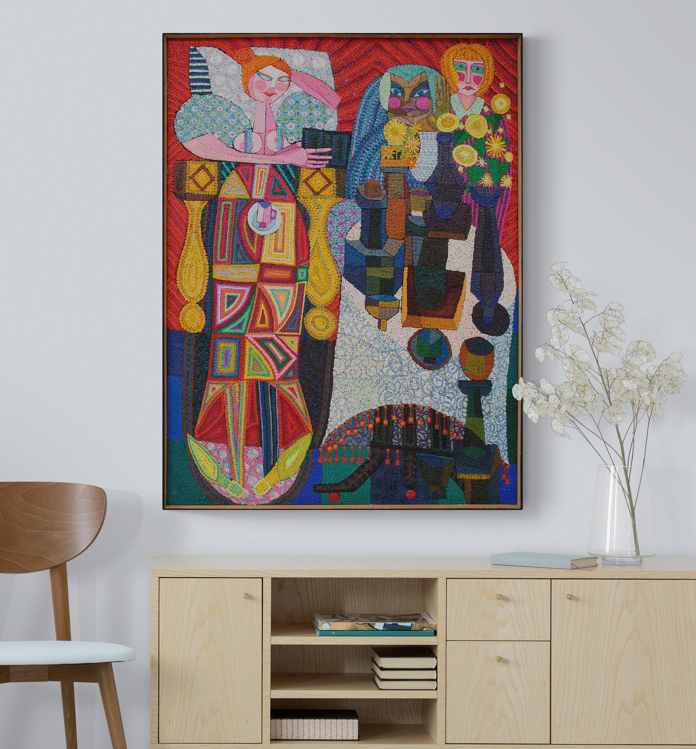 The Three Fates Confused, 1970s Abstract Figural Painting, Still Life Flowers For Sale 4