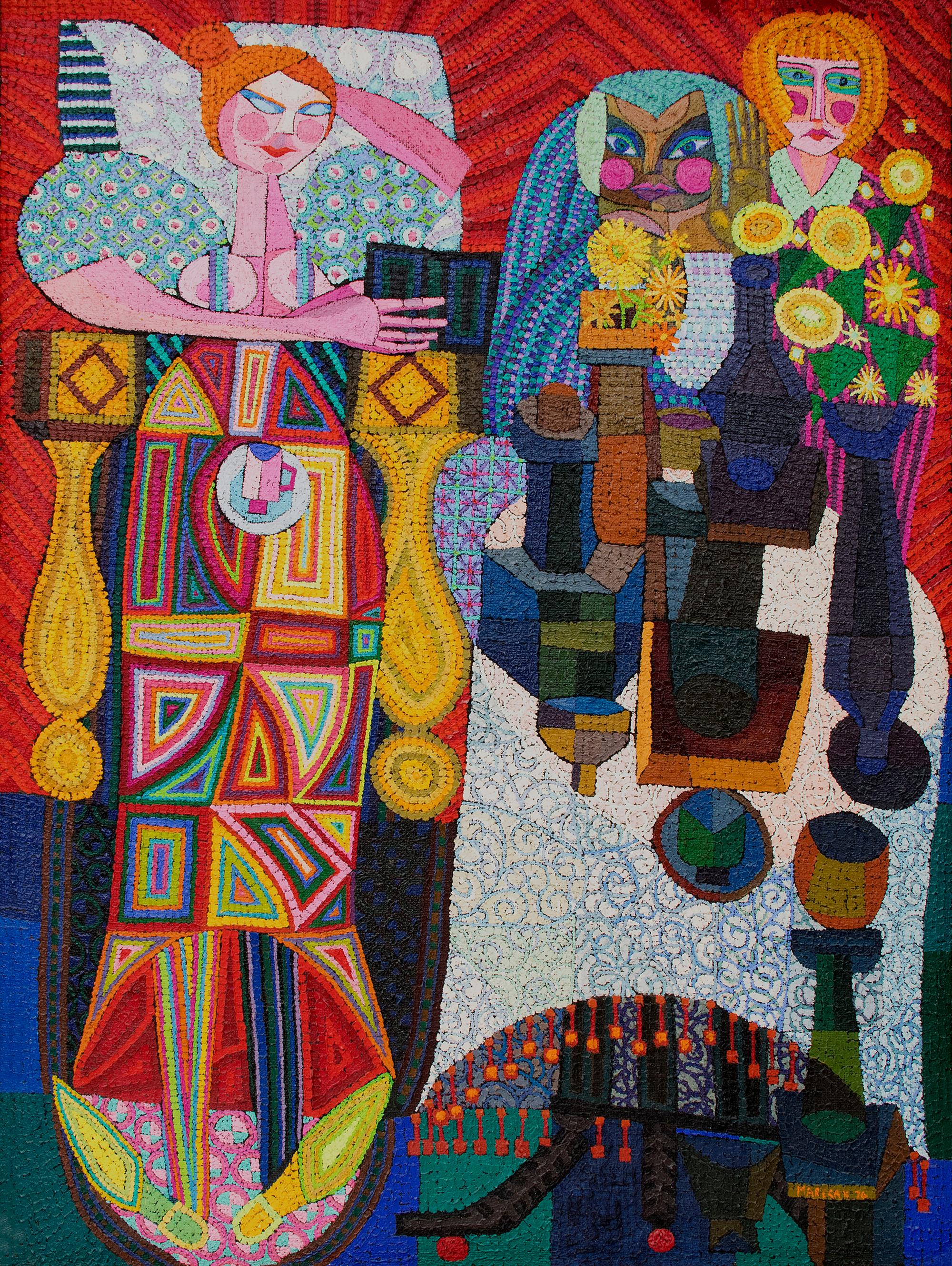 The Three Fates Confused, 1970er Jahre Buntes Abstraktes Figuren- & Stillleben-Gemälde