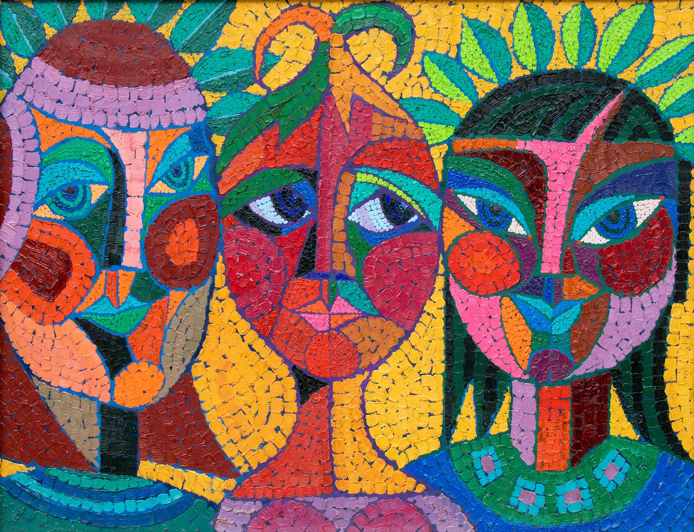 The Three Fates Thinking Mysterious Thoughts, Semi-Abstract Cubist Female Heads - Painting by Edward Marecak