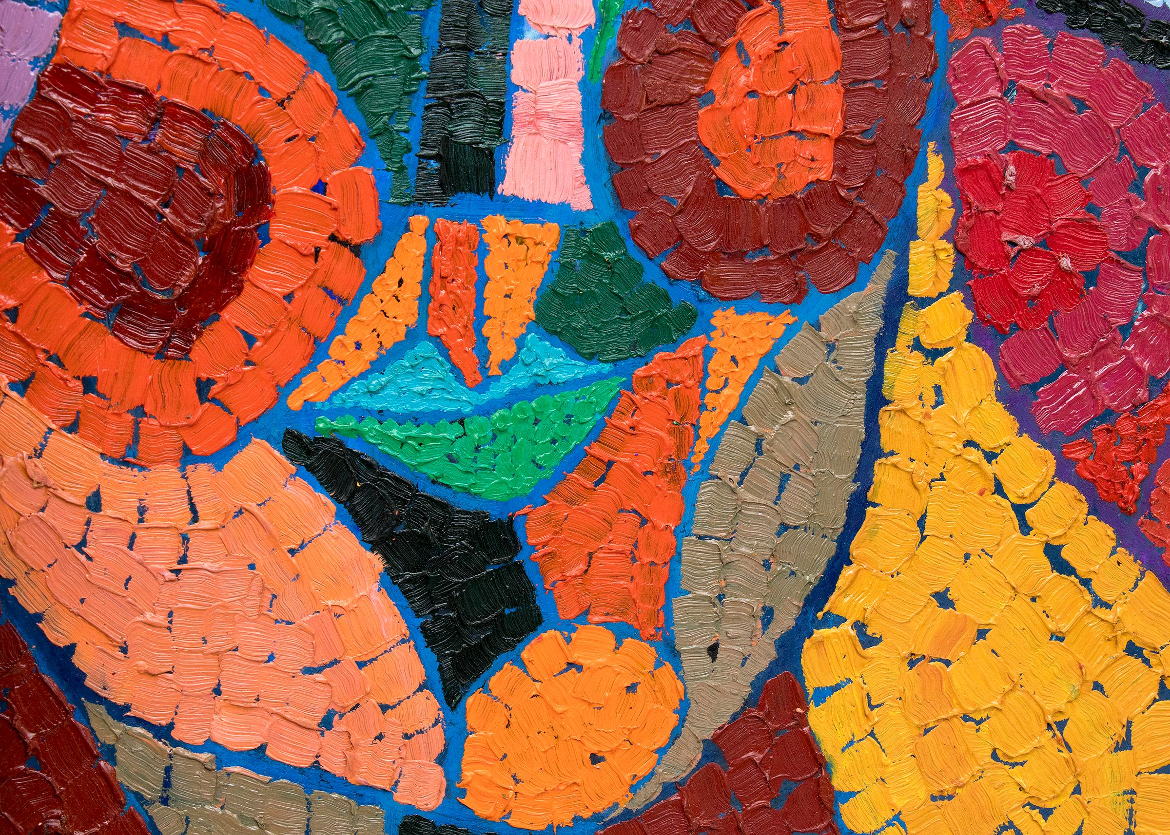 The Three Fates Thinking Mysterious Thoughts, vintage semi-abstract painting by Edward Marecak (1919-1993).  Three heads in a somewhat cubist style are painted in bright colors of yellow, orange, green, blue, pink, purple and fuchsia. Presented in a