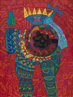 The Warlord, 1990s Framed Abstract Figural Painting, Red Blue Green