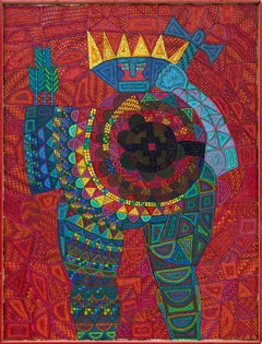 The Warlord, peinture figurative abstraite encadrée, rouge, bleu et vert, années 1990