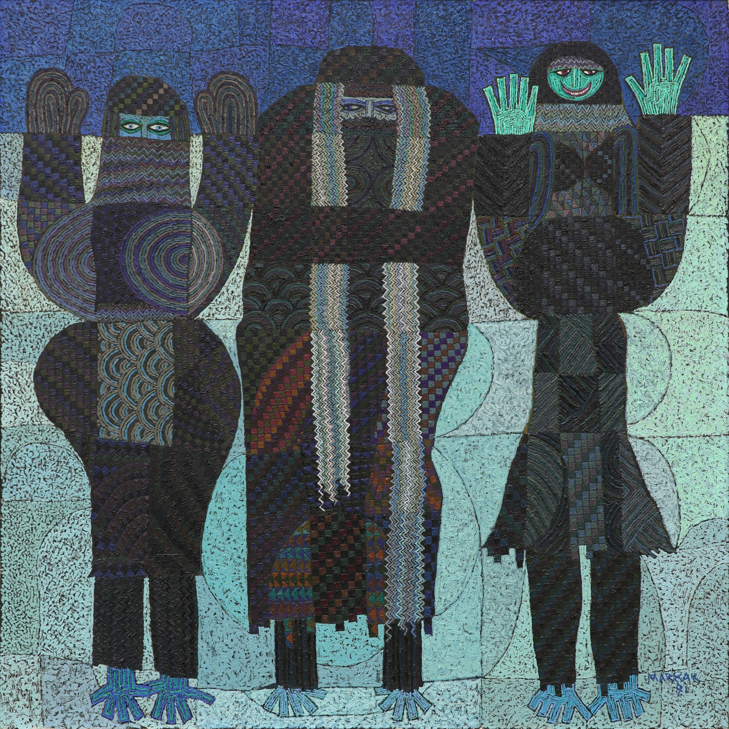 I mesi invernali, pittura ad olio figurativa semi-astratta degli anni '80, blu e nero - Painting di Edward Marecak