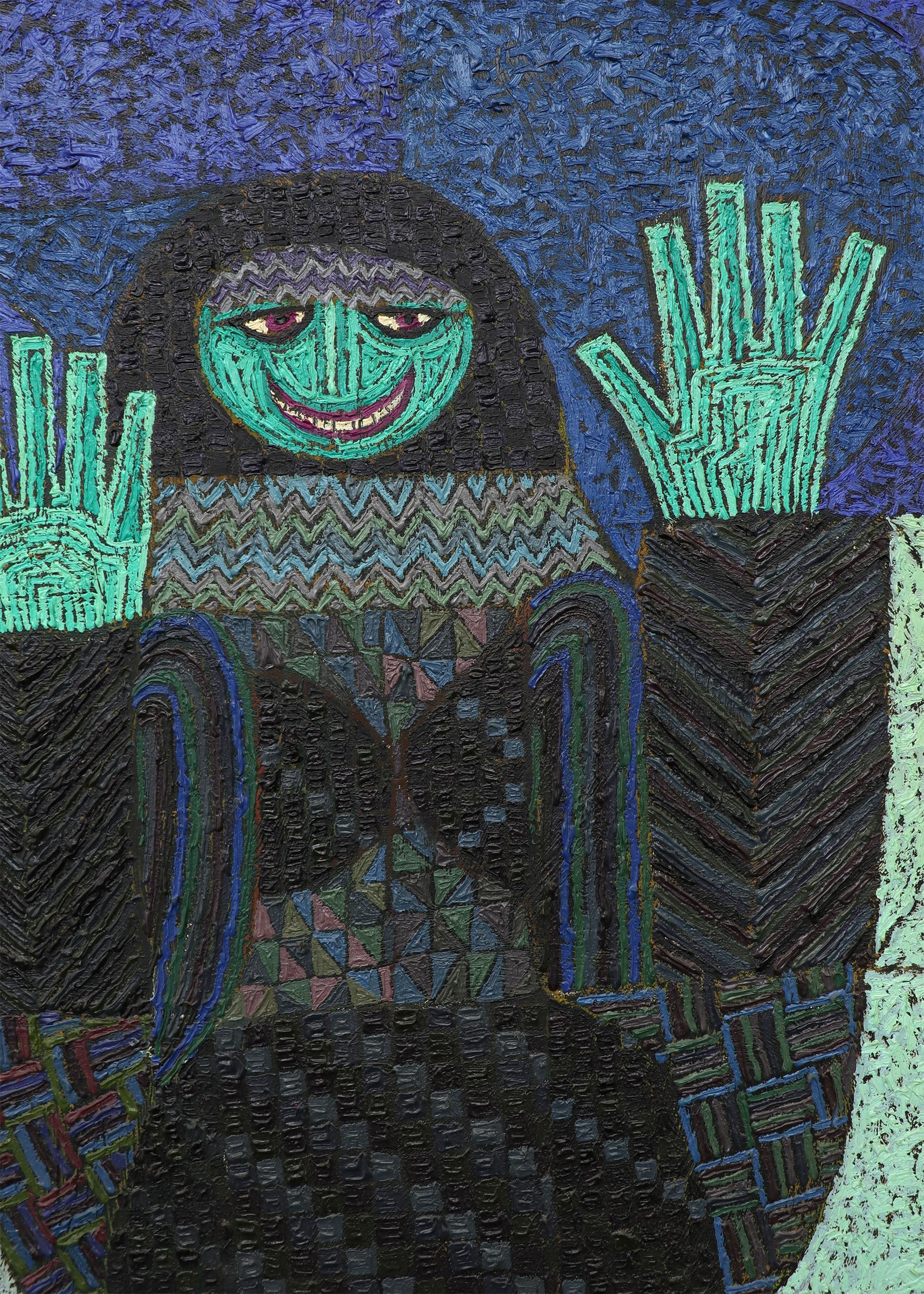 I mesi invernali, pittura ad olio figurativa semi-astratta degli anni '80, blu e nero 1