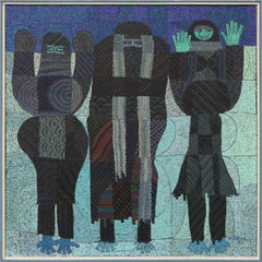 The Winter Months, 1980s Semi-Abstract Figurative Oil Painting, Blue Black 