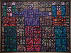 Three Figures Caught in Stained Glass, Semi Abstract Painting, Brown Purple Blue