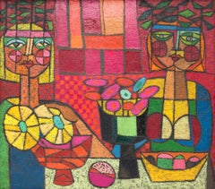 Two Ladies Trying to Out-Mystify Each Other, Semi Abstract Figural Oil Painting