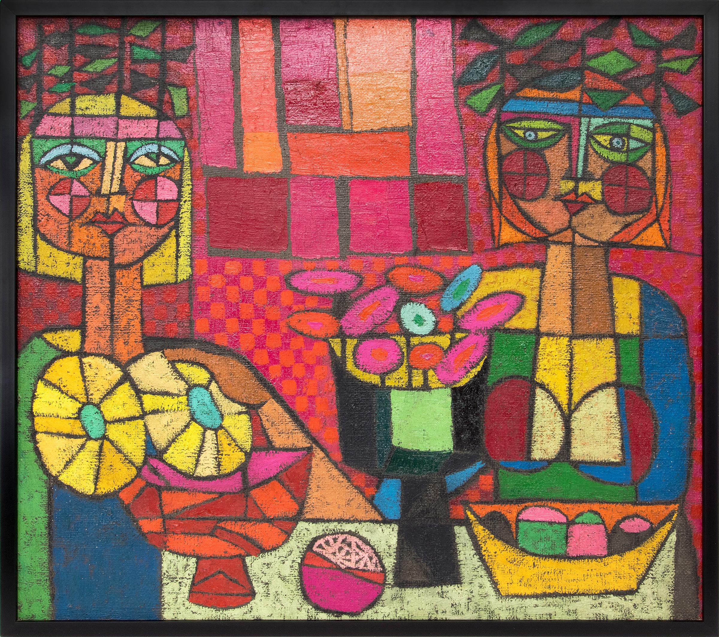 Two Ladies Trying to Out-Mystify Each Other, Semi Abstract, Cubist Painting