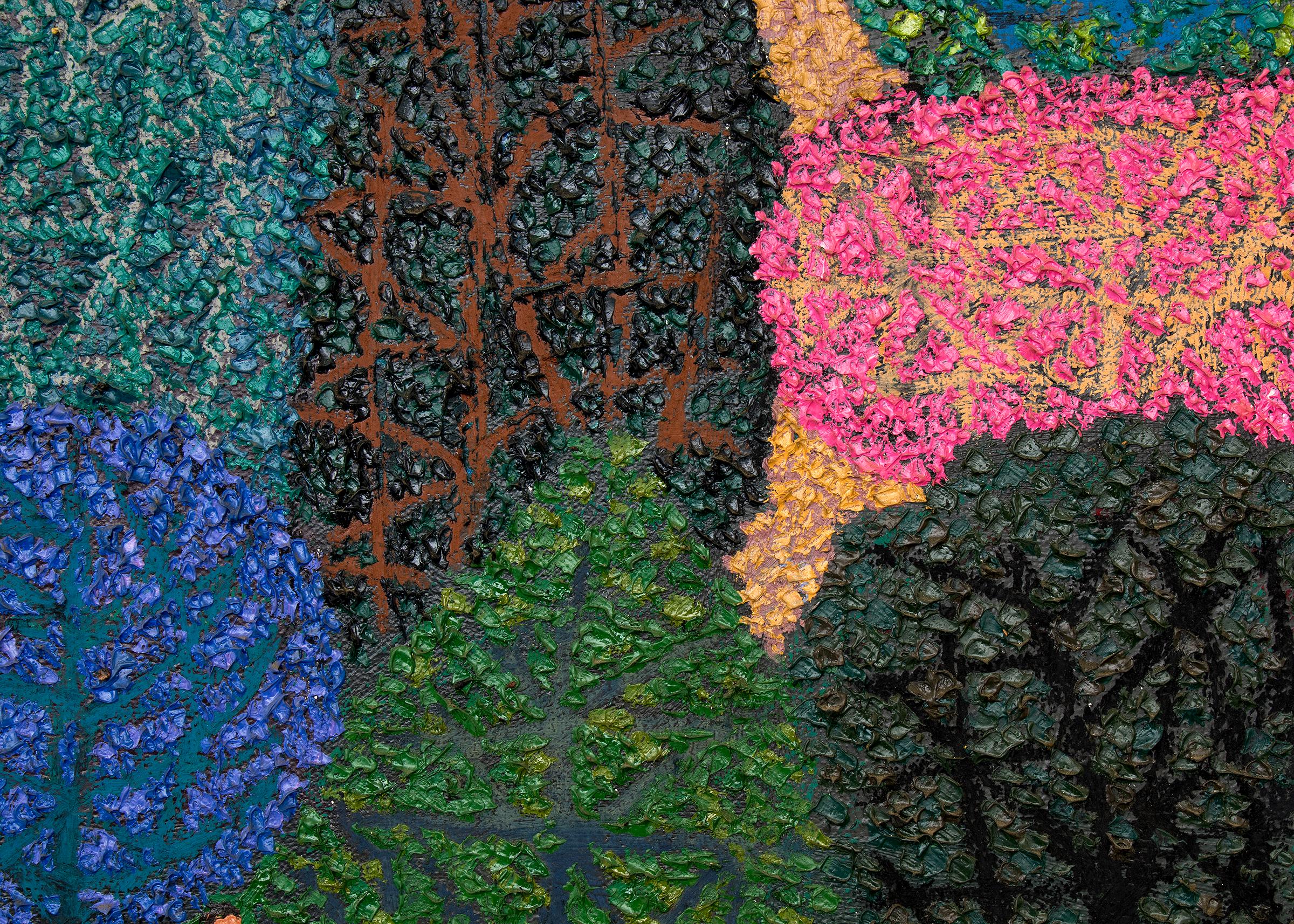 Peinture à l'huile sur toile de grand format représentant City Park à Denver, Colorado, par Edward Marecak, moderniste de Denver du 20e siècle. Scène de parc semi-abstraite avec divers types d'arbres, des personnages et un grand étang. Présentée