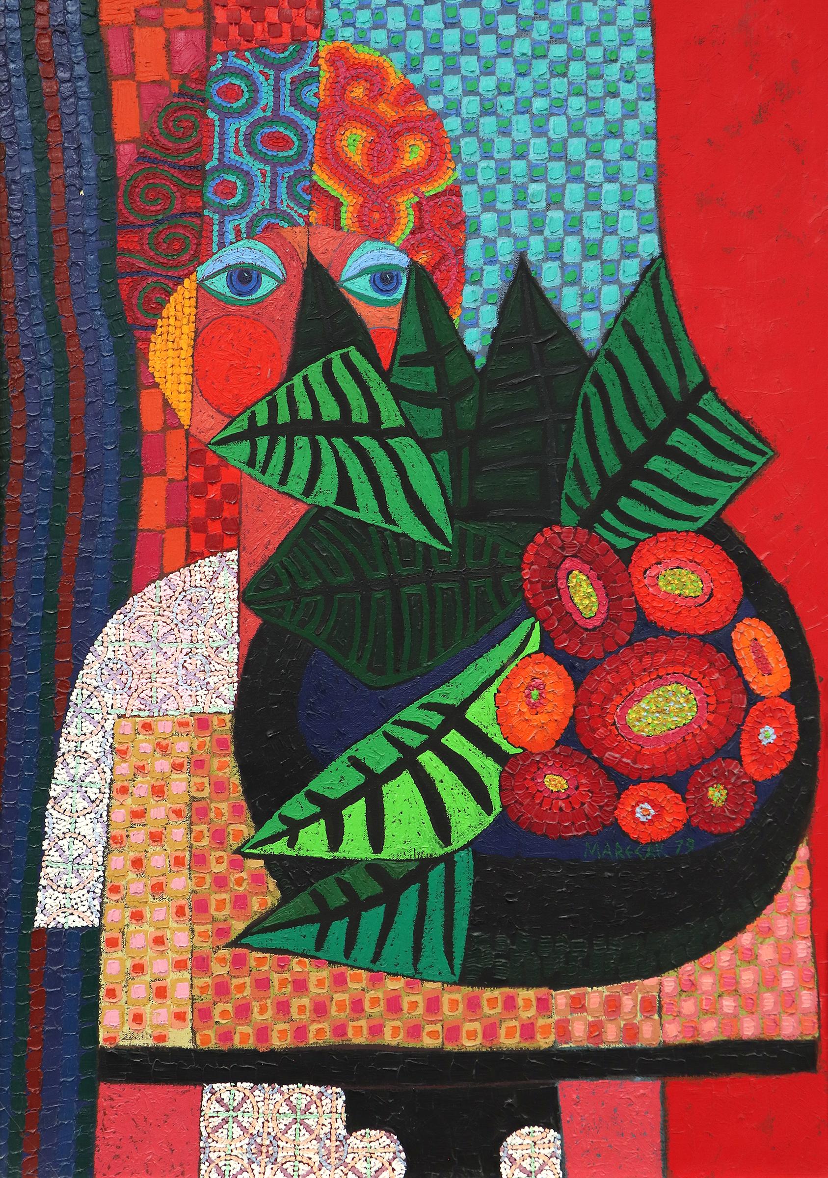 Vintage Semi-Abstract Brightly Colored Portrait, Woman with Plant and Flowers - Painting by Edward Marecak