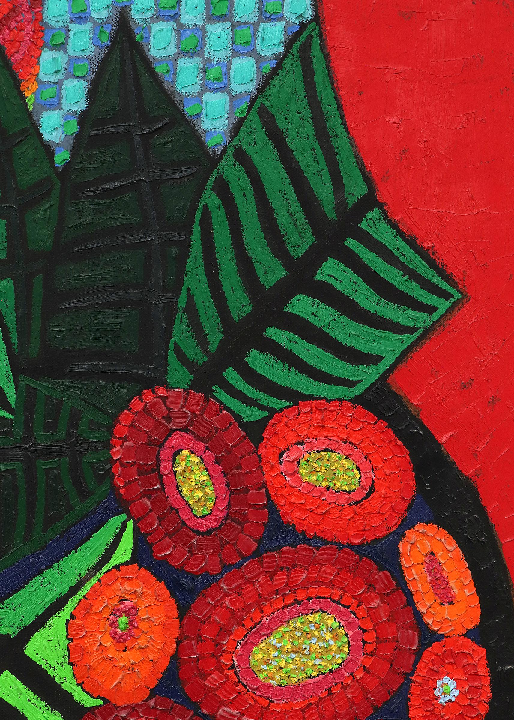 Peinture semi-abstraite à l'huile sur toile d'Edward Marecak (1919-1993). Composition présentant un portrait de femme aux couleurs vives tenant des fleurs. Présenté dans un cadre original mesurant 41 x 30 1⁄2 x 1 1⁄2 pouces. L'image originale mesure
