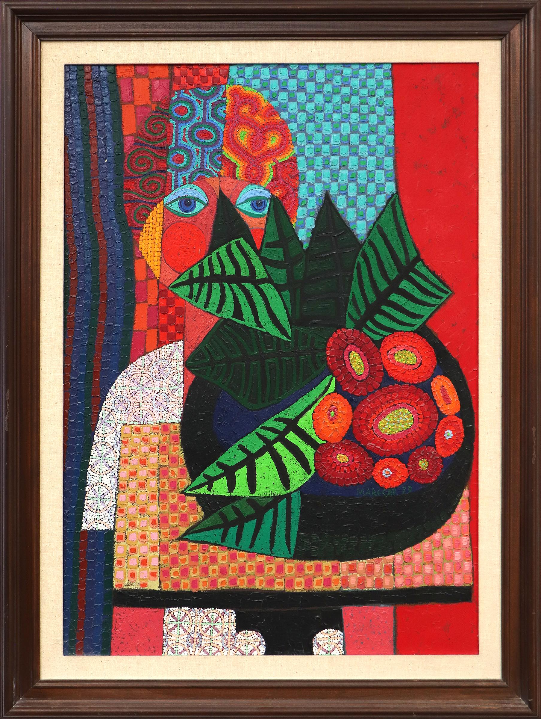 Edward Marecak Abstract Painting - Vintage Semi-Abstract Brightly Colored Portrait, Woman with Plant and Flowers