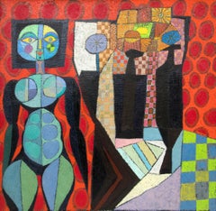 Witch with Still Life, Abstract, Cubist Painting, Red, Blue Black, Orange, Green