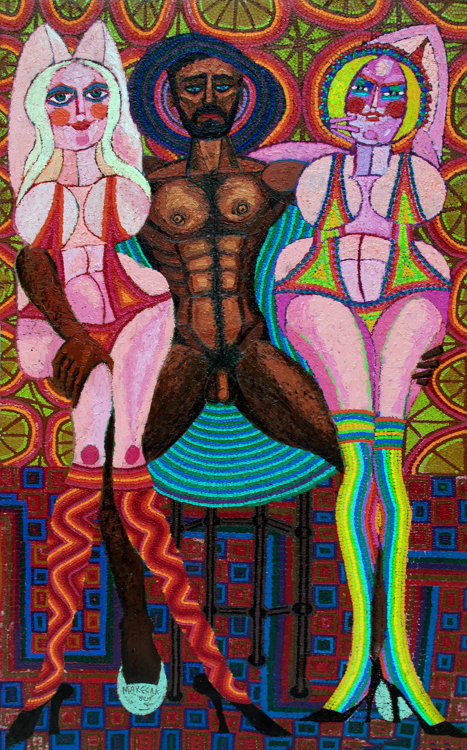 'Zeus, Venus and Hera' - 1980s Semi Abstract Painting, Nude Figures, Mythology