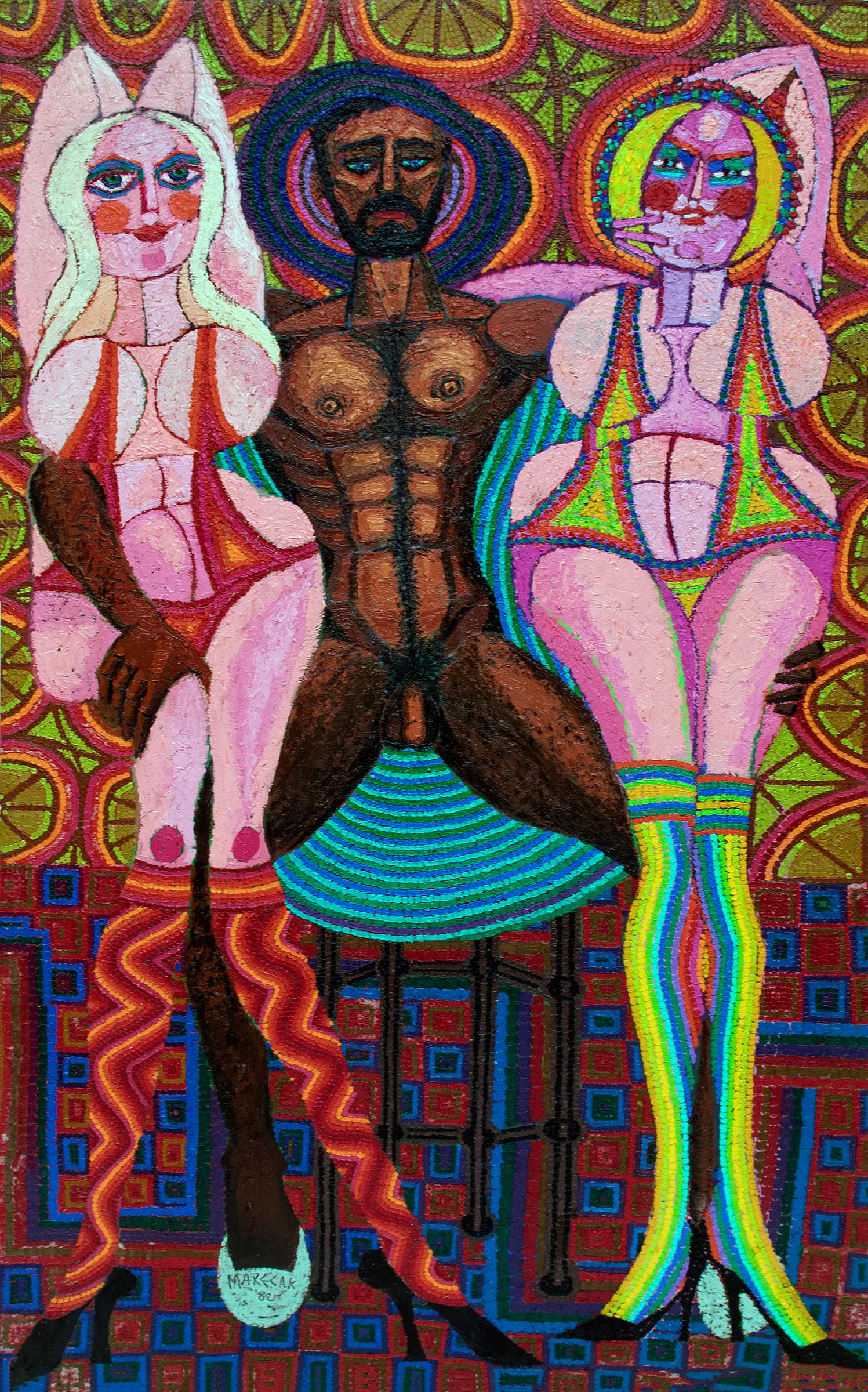 Abstract Painting de Edward Marecak - Pintura al óleo semiabstracta de los años 80 "Zeus, Venus y Hera", Arte mitológico figurativo