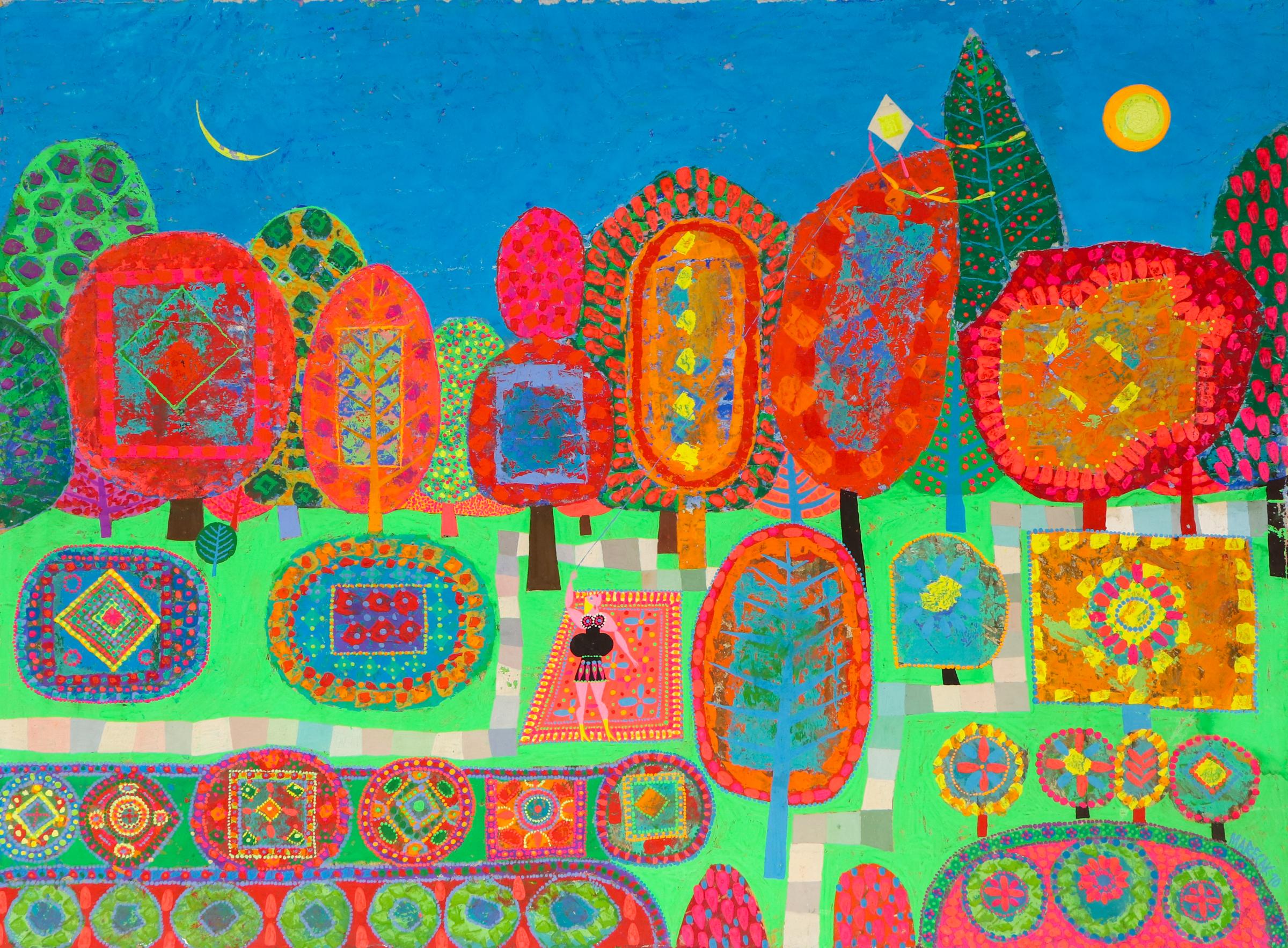 "Flying the Kite of Happiness" ist ein fröhliches und ausdrucksstarkes Ölgemälde des berühmten Denveraner Modernisten Edward Marecak (1919-1993) aus dem Jahr 1970. Marecak, der für seinen kühnen Einsatz von Farbe und symbolischer figürlicher
