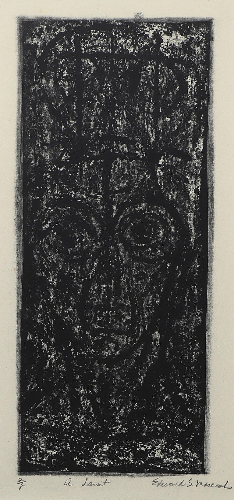 A Saint (2/8), Lithograph on Paper of a Figured Head, Black and White - Print by Edward Marecak