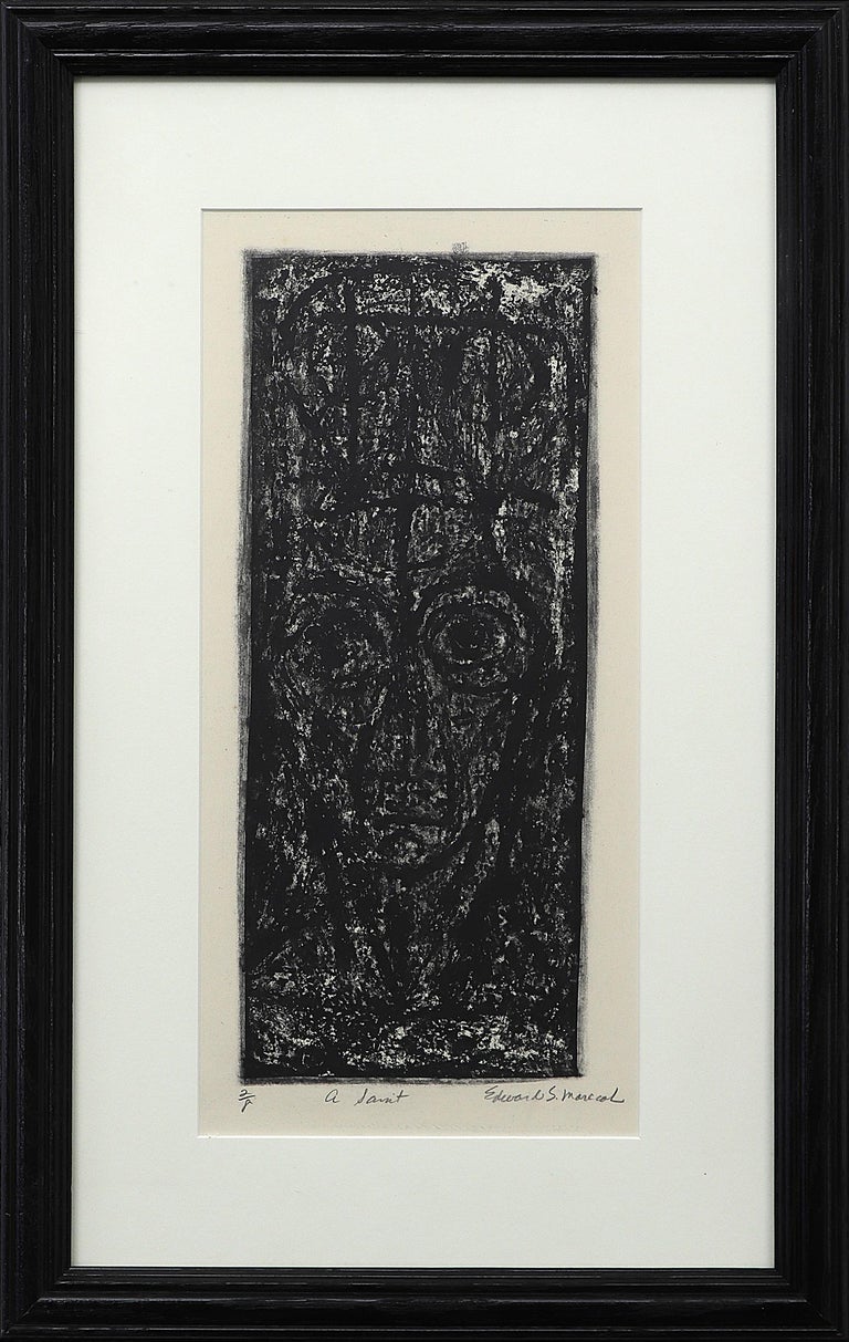 Edward Marecak Abstract Print - A Saint (2/8), Lithograph on Paper of a Figured Head, Black and White