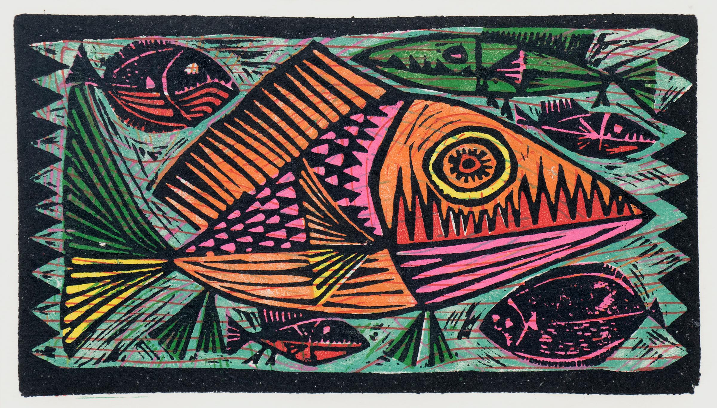 Fish, Semi Abstract Mid-Century Modern Colored Woodblock Woodcut, Pink Orange - Print by Edward Marecak