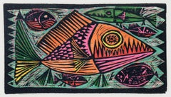 Fish, Semi Abstract Mid-Century Modern Colored Woodblock Woodcut, Pink Orange