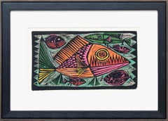 Fish, Semi Abstract Mid-century Modern Woodcut, Black Pink Orange Green Yellow