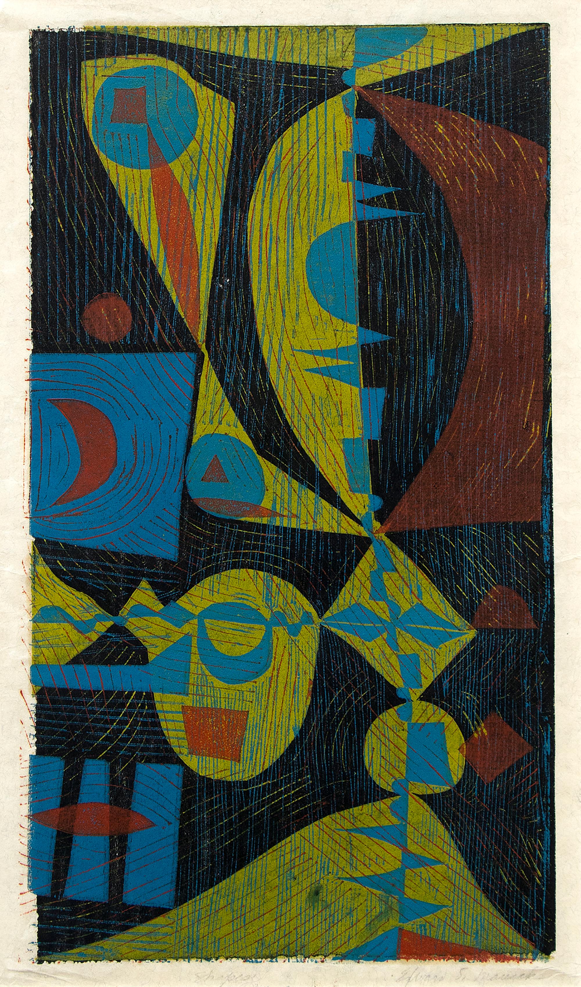 Mid-Century Modern Abstract Woodcut Print, Geometric Fine Art in Color