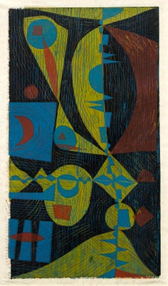 Impression sur bois abstraite moderne du milieu du siècle dernier, beaux-arts géométriques en couleur