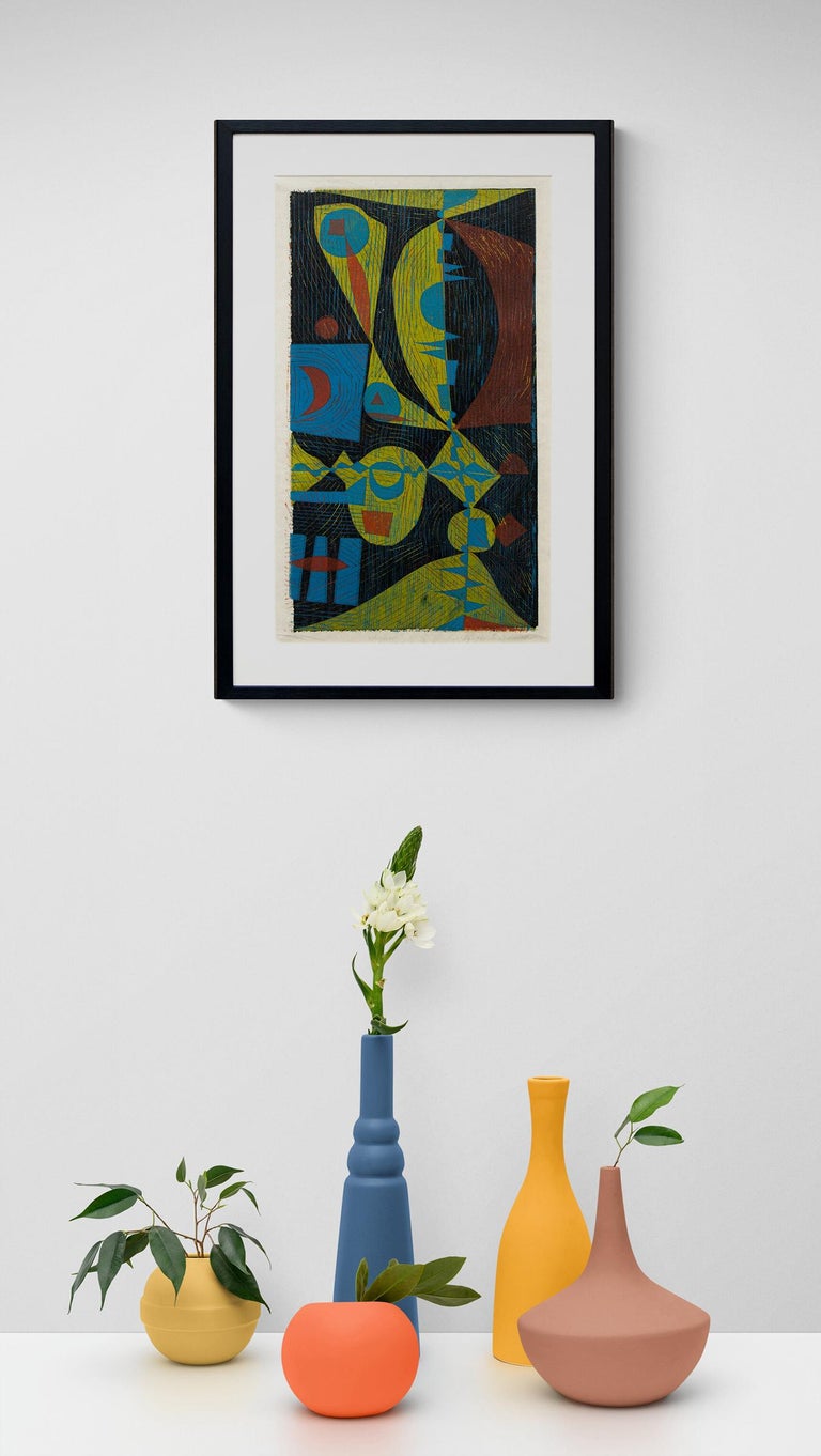 Edward Marecak Shapes, Mid Century Modern Abstract Colored Woodcut