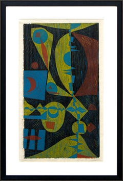 Vintage Shapes, Mid Century Modern Abstract Colored Woodcut, Geometric Fine Art Print