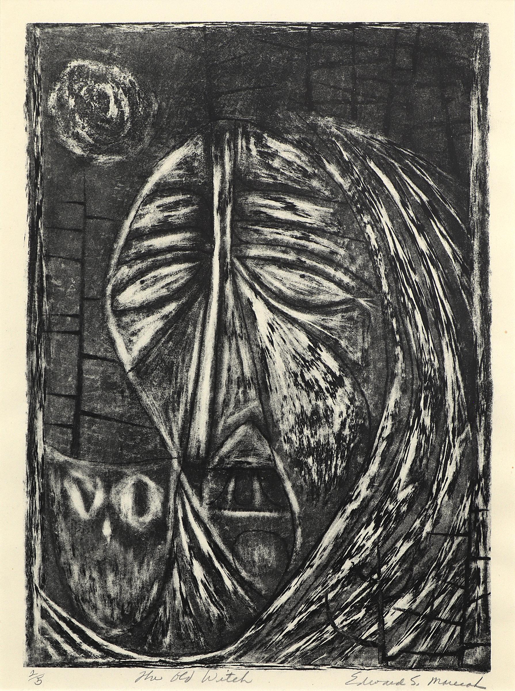 The Old Witch (Ed's Last Litho) (2/5), Framed 1940s Lithograph Abstract Portrait - Print by Edward Marecak