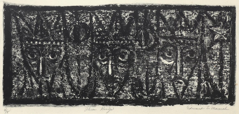 Three Kings (4/15), Lithograph on Paper of Three Figure Heads, Black and White - Print by Edward Marecak