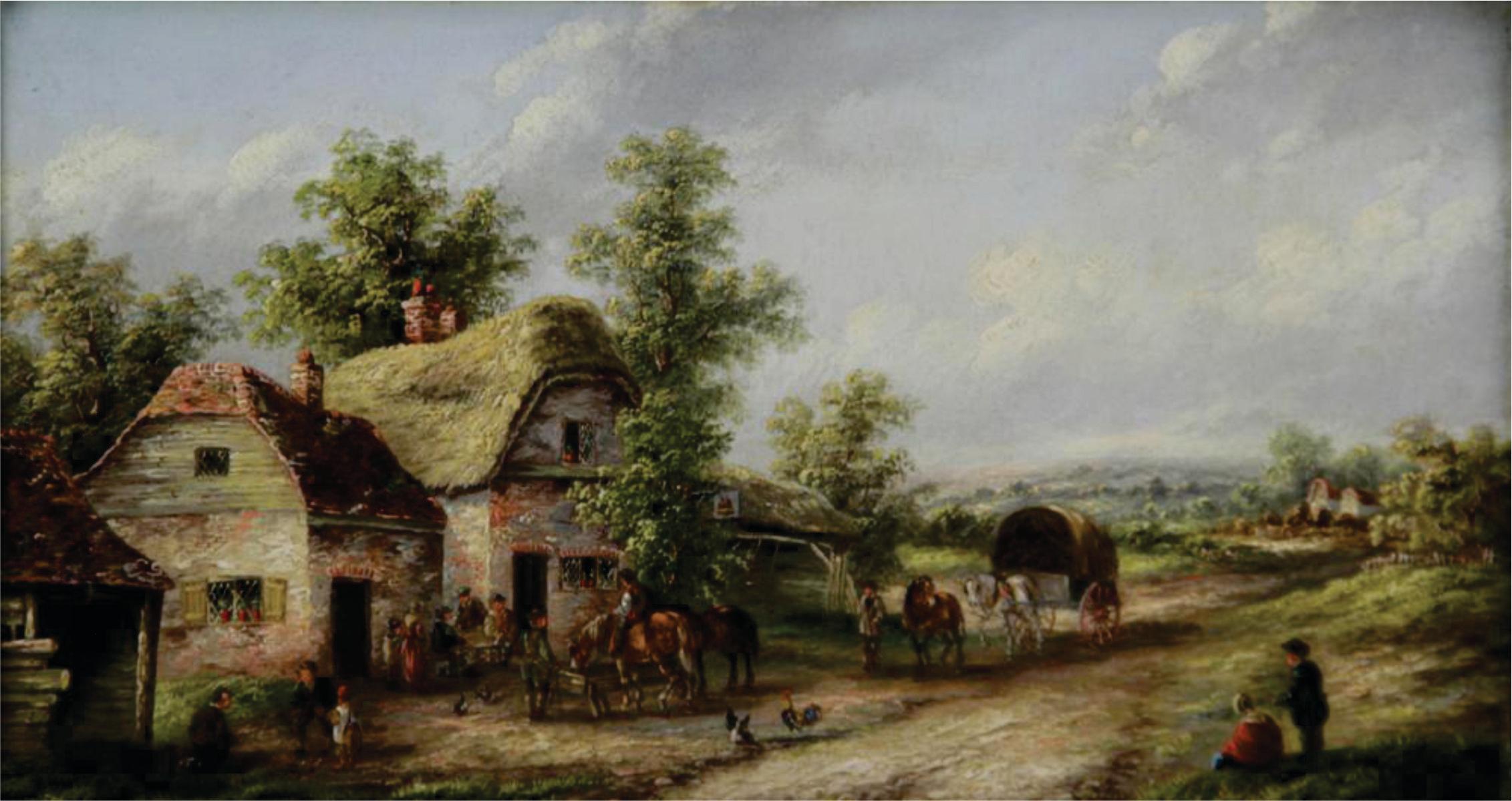 Edward Masters, scena di aia, olio su tela, datato 1878, 
Dimensioni: Immagine: 18