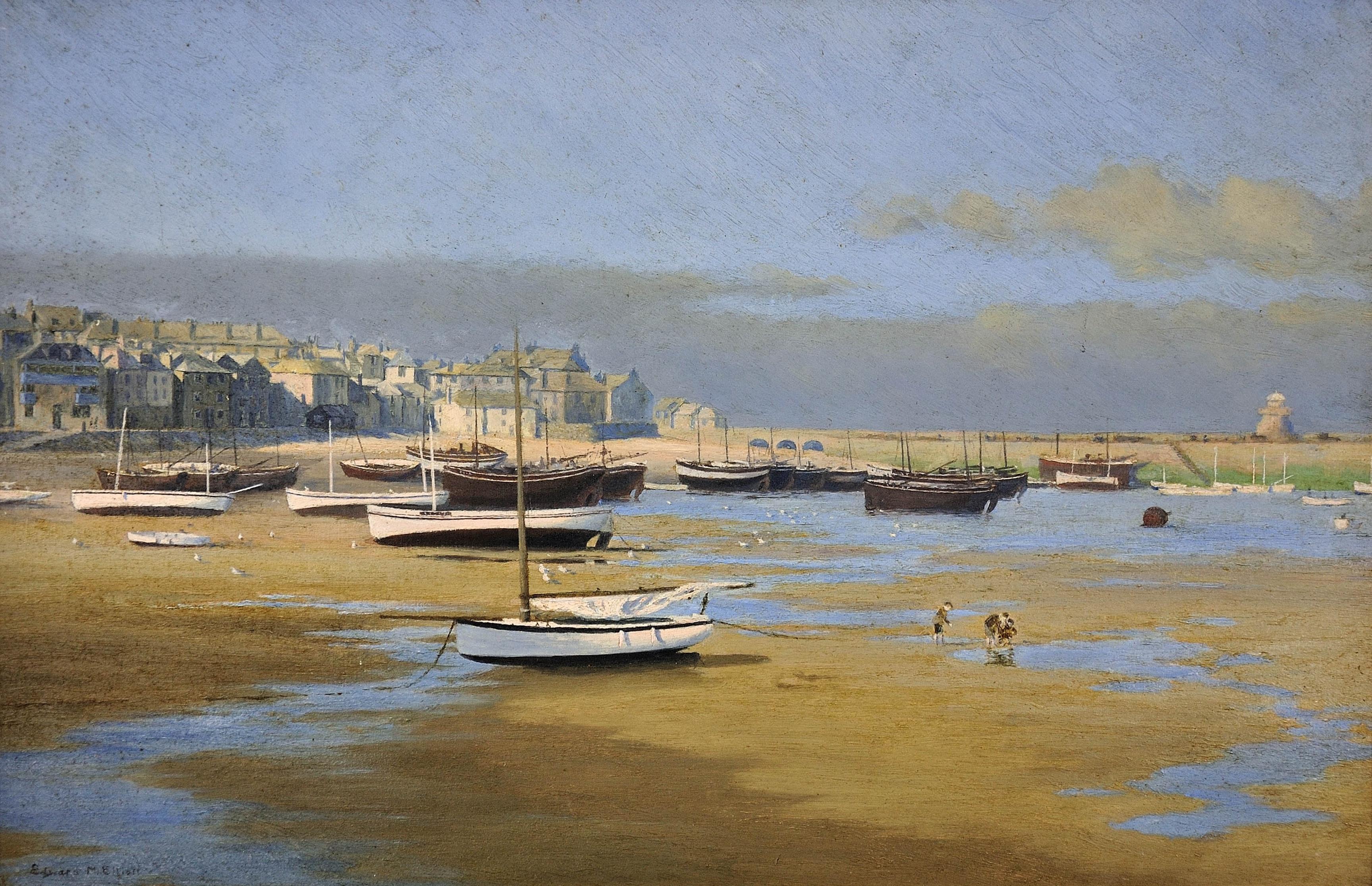 Der Hafen von St. Ives bei Ebbe. Smeaton's Pier. Das edwardianische Cornwall. Original Öl. – Painting von Edward Matthew Elliott