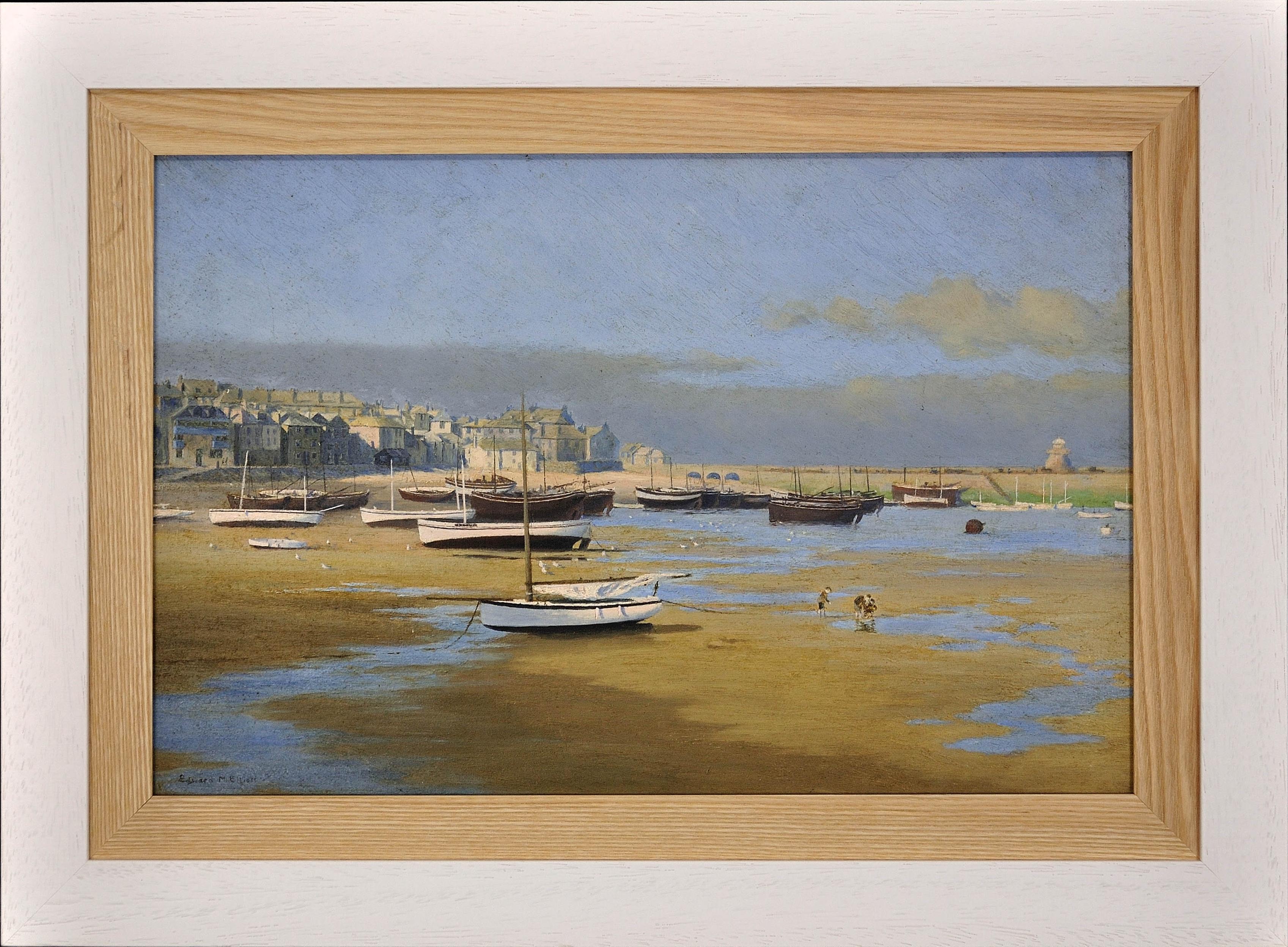 St Ives Harbor at Low Tide. Smeaton’s Pier. Edwardian Cornwall. Original Oil.